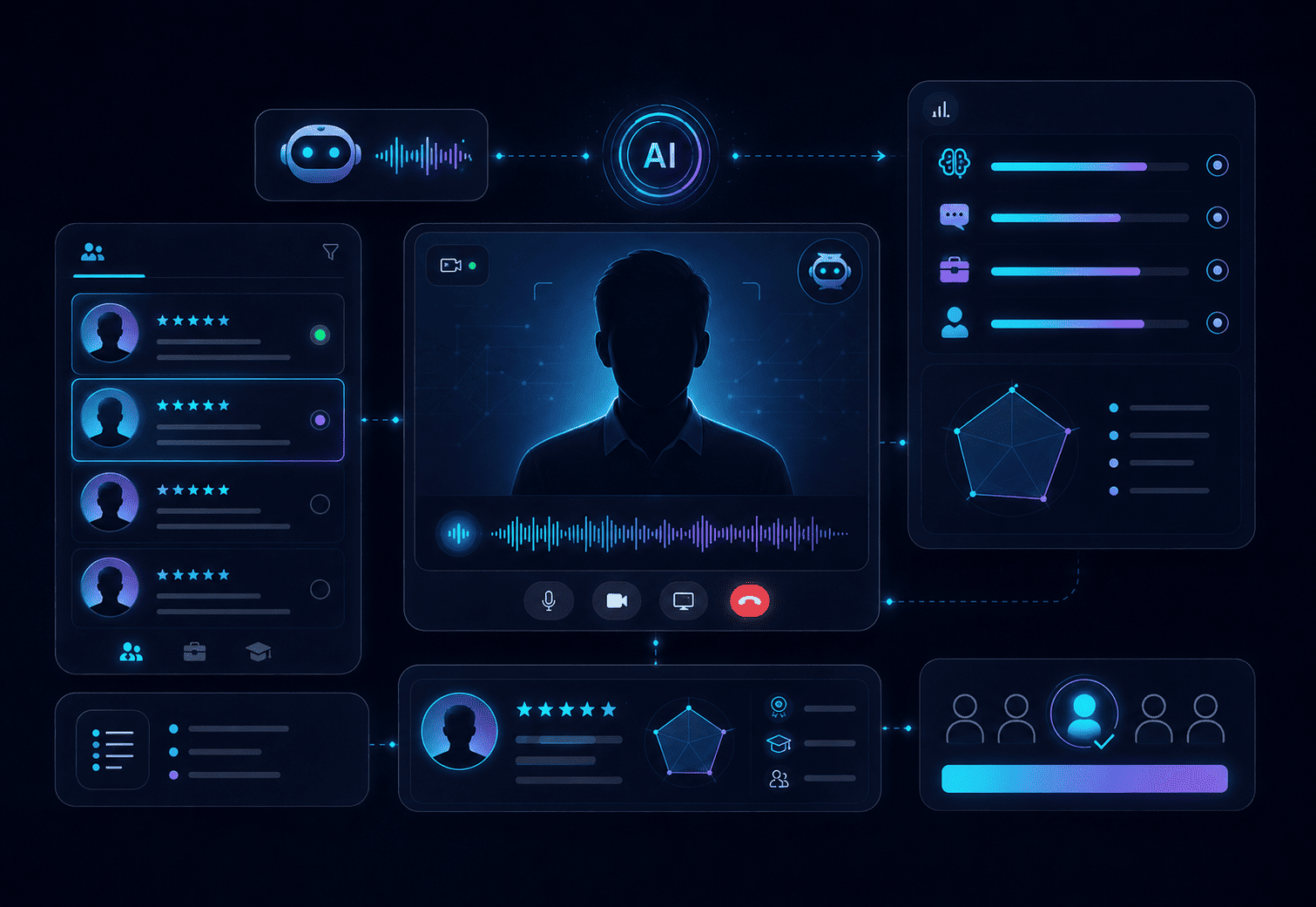 Spiderweb AI Interview supports 24/7 interviews, role-specific questions, and multi-dimensional scoring